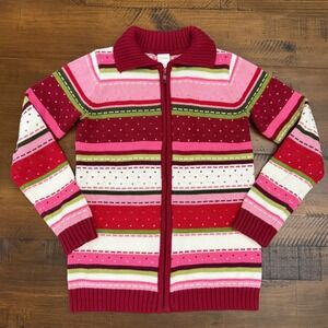 Gymboree Striped Knit Zip Up Cardigan Sweater Colorful Hearts Girls Size M (7/8)